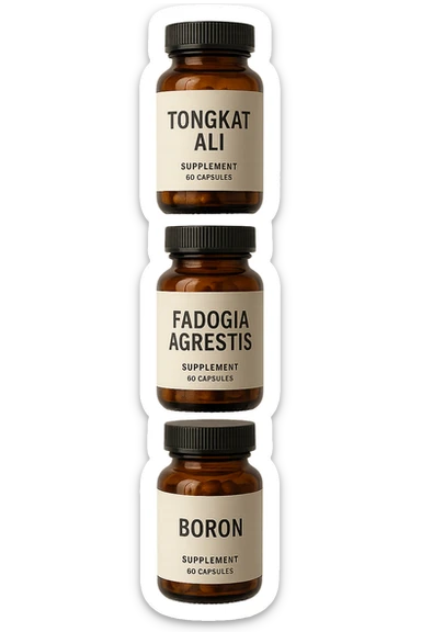 4 boccette di integratore: Tongkat Ali, Fadogia Agrestis, Boron e Zinco fluttuano in aria verticalmente sticker