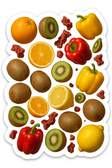 agrumi, kiwi, peperoni fluttuano in aria insieme a piccoli pezzi di colon in 3d, iperrealistici 4k sticker