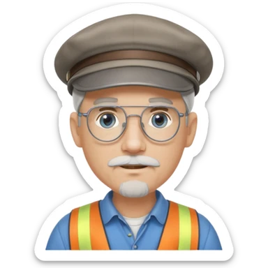 Older cute white male, goatee, grey Irish flat cap, handyman, blue eyes wire rim glasses, goatee sticker