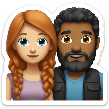 Redhead blue eyed girl and black haired bearded tan male couple sticker