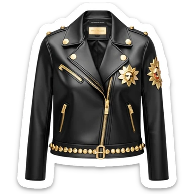 Dolce and gabanna brand Cropped leather jacket for women with 10k gold and metallic chrome edgy style embellishments. 8k, 5000x5000px, 3D rendering, realistic, isolated still life, no emoji faces no emoji icons no human figures  sticker