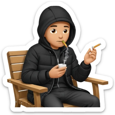 A man sitting on a chair, wearing a black puffed coat with hood, hands in his pocket, smoking a cigaret, he is on a chair, the chair is an outside coffe terrasse chair sticker