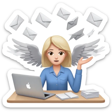 tired woman sitting at a desk with a MacBook, holding her arms out to the side, surrounded by flying papers sticker