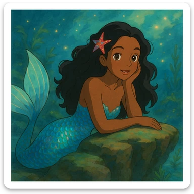 mermaid with pretty brown skin and iridescent scales, magical and whimsical atmosphere, ghibli style sticker