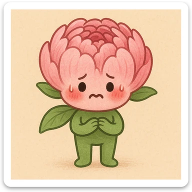 cute anthropomorphic pink peony flower with a round body, arms and legs, blushing cheeks, nervous expression sticker