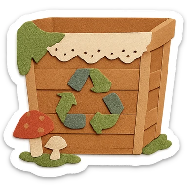 cottagecore empty recycling bin wooden basket with lace and moss, mushrooms at base, transparent background, no text, soft earthy tones, whimsical homey feel sticker