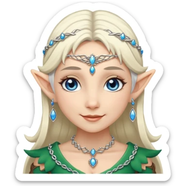 elf princess with pointy ears, white skin, silverblond hair with jewellery, blue eyes, gentle smile sticker