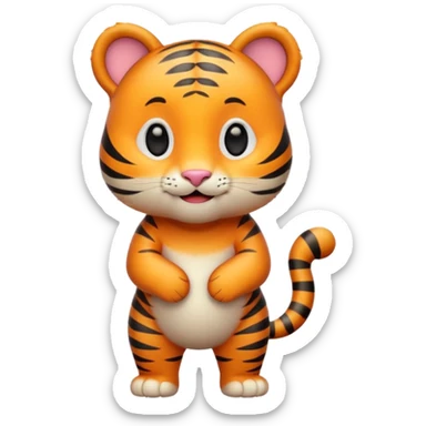 Cute tiger emoji, full body, standing pose, smiling face, big round eyes, orange fur with black stripes, chubby and adorable, short legs, small ears, 3D emoji style, smooth shading, bright colors, simple clean design, transparent background sticker