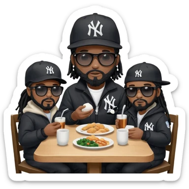 African American man with shoulder length black dreadlocks with black beard wearing black sunglasses wearing a black New York Yankees logo baseball Cap wearing a black bubble winter coat sitting a kitchen table with other men with dreadlocks all sitting in chairs eating dinner at kitchen table sticker