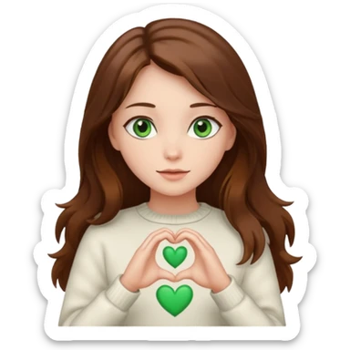 Girl green eyes brown long hair white warm sweater doing hands heart sticker