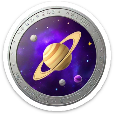 a space-themed coin with a purple saturn on it sticker