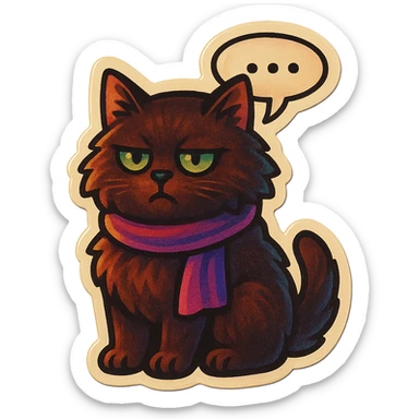 Fluffy dark-brown cat with green eyes and a purple scarf saying ‘…’ with a poker face (with a speech bubble) sticker