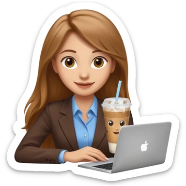 Women in front of laptop with a happy face, long light brown hair, light brown big eyes, light skin with a iced coffee on the side, business attire sticker