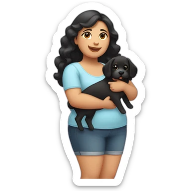 chubby fat fair girl with extra wavy black hairs holding dog in her arms sticker