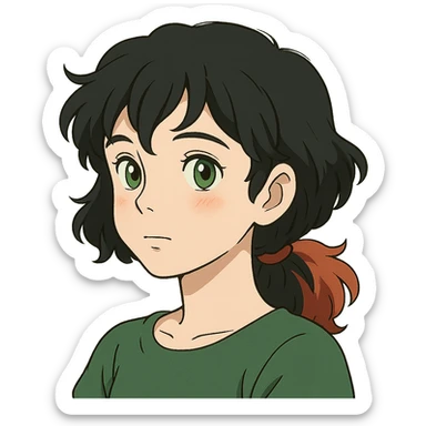 ghibli style girl with green eyes, white skin, wavy black hair, red hair at the back of her neck sticker