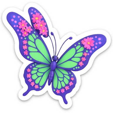 luxurious magical butterfly with vibrant #c0ff53 green wings, elegant purple edges, intricate fine vein patterns, softly glowing wings, surrounded by sparkling dust and magical floating particles, sleek deep blue body, dreamy pink flowers on wing edges, 3D cartoon style, elegant and fantastical sticker