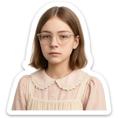 teen girl with clear glasses, shoulder length light brown hair, cute core style, calm expression, no smile sticker