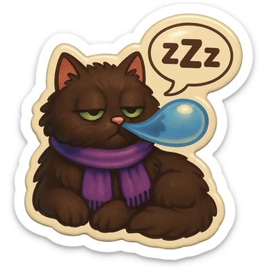 Fluffy cute sleepy dopey tired exhausted dark-brown cat with green eyes and a purple scarf saying ‘zZz’ with a snoring nose bubble (with a speech bubble) sticker