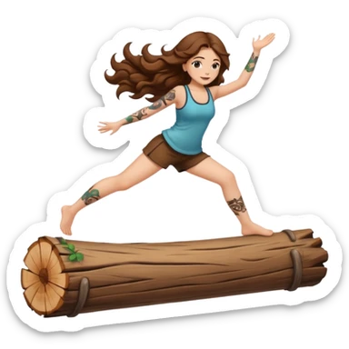 cute woman long wavy brown hair tattoos balancing on log sticker