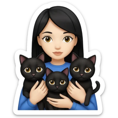 2 light skin tone girls with black straight hair holding 3 black cats sticker