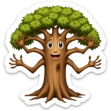 A tree with arms and legs with funny face sticker