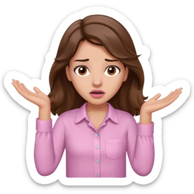 girl with wavy long brown hair, brown eyes, light to medium complexion, long lashes, light pink lipstick, wearing light pink shirt, shrugging with both hands, confused sticker