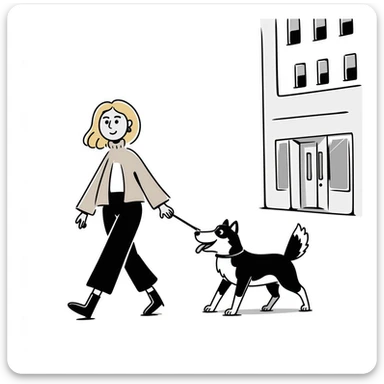 Blonde woman wearing a sweater walking a happy Siberian husky in New York City on an upper east side city sidewalk  sticker