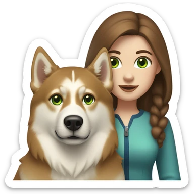 White Woman hair brown and bleus eyes and golden Husky With green eyes sticker