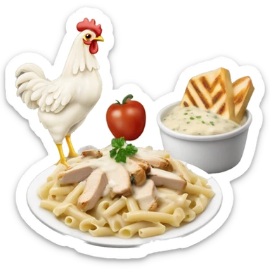 Chicken Alfredo pasta with white crème sauce and grilled chicken on top sticker