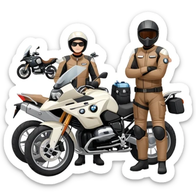 BMW motorcycles parked at a rest stop with riders taking a break sticker