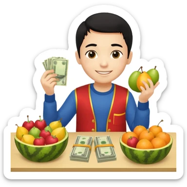chico piel clara pelo negro con ropa de frutero sentado en una mesa contando mucho dinero sticker