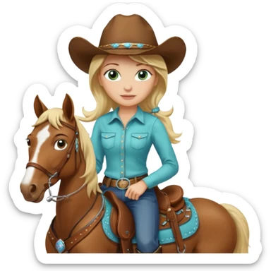 one blonde with light blue green eyes cowgirl on a horse sticker