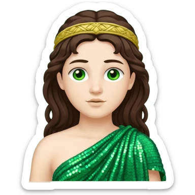 Juno from Roman Deities with long dark brown hair, green sequin toga sticker