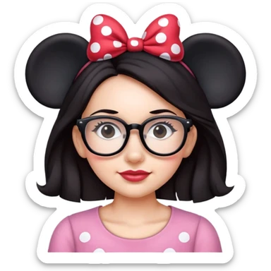 Woman dark hair wearing glasses Minnie mouse ears sticker