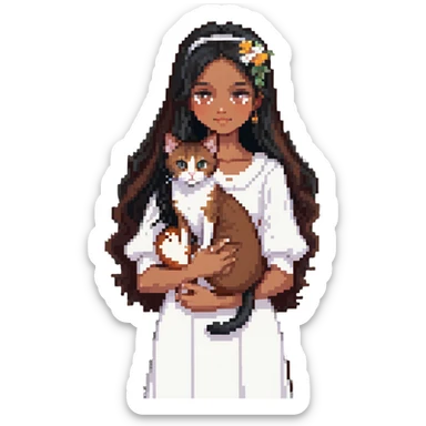 beautiful girl with long black hair wearing a white dress holding an Abyssinian cat with reddish-brown fur in her arms sticker