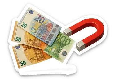 banconote di euro fluttuano vicino ad una calamita rossa, sono attratte, iperrealistico 4k sticker