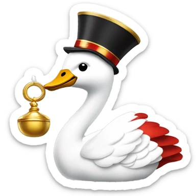 A swan wearing a jester's cap in red, white and gold. It has a champagne glass in one wing and a golden bell in the other sticker