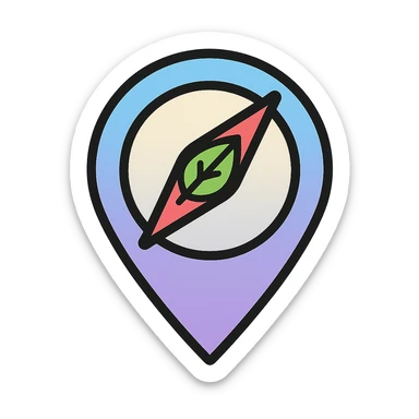 nutrition navigator icon named Nora, minimal or no human features, stylized map pin or compass shape, blending gradient of light blue, light purple, and light gray, leafy or healthy food element sticker