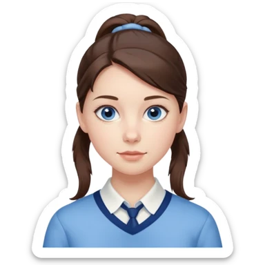 Realistic Student Portrait, with porcelain-like skin featuring a natural rosy flush, illuminated by soft lighting that highlights the gentle contours of her face. Her Brunette pony tail hair flows in soft, Her deep blue eyes radiate warmth and innocence,  wear light blue preppy style. sticker