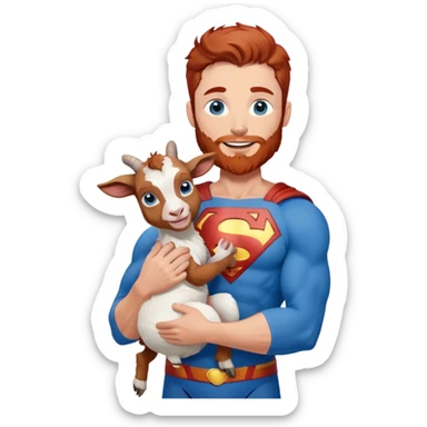 Full body Adult Superman Blue Eyes Scruffy Redish hair and redish trimmed Beard Muscle happy holding a blue haired happy baby goat sticker