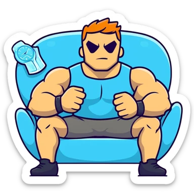 muscular bodybuilder relaxing on a sofa with ice on arms, watch showing 48 hours, recovery and relaxation atmosphere, cartoonish sticker style sticker