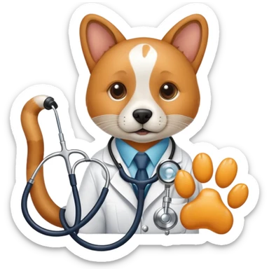 An icon featuring a stethoscope, a microscope, and an animal paw print, symbolizing veterinary science. The design includes a dog and a cat in the background, representing animal health research, diagnostics, and treatments. Transparent background highlights the scientific study of animal care. sticker