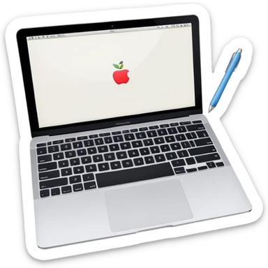 top view of a MacBook and a notebook with a pen nearby sticker