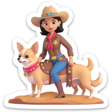 femme cowboy avec son chihuahua, arrière-plan désert sticker
