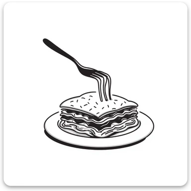 A hand-drawn plate of lasagna with a fork taking a bite, showing the layers sticker