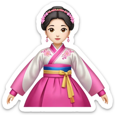 Cinematic Realistic Hanbok Emoji, depicted as a graceful intricately designed traditional Korean dress with vibrant colors and flowing lines, rendered with delicate textures and soft cultural lighting that captures its timeless elegance. sticker