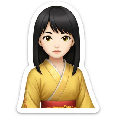 Fair-yellow skin, dark brown eyes, long black hair cut into layers, Japanese-style side-swept bangs, likes to dance.  sticker
