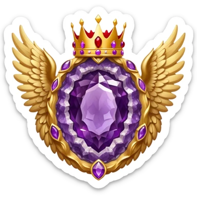Big amethyst geode with red rubby dots inside award-in-frame-decorated-with-big-golden-angel--wings and crown sticker