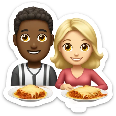 Light skin, man, light skin woman having lasagna sticker