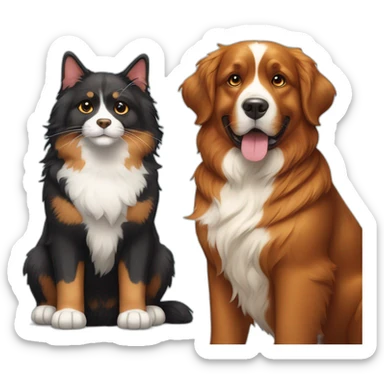 A Bernese dog beside A tortoiseshell cat without white fur sticker